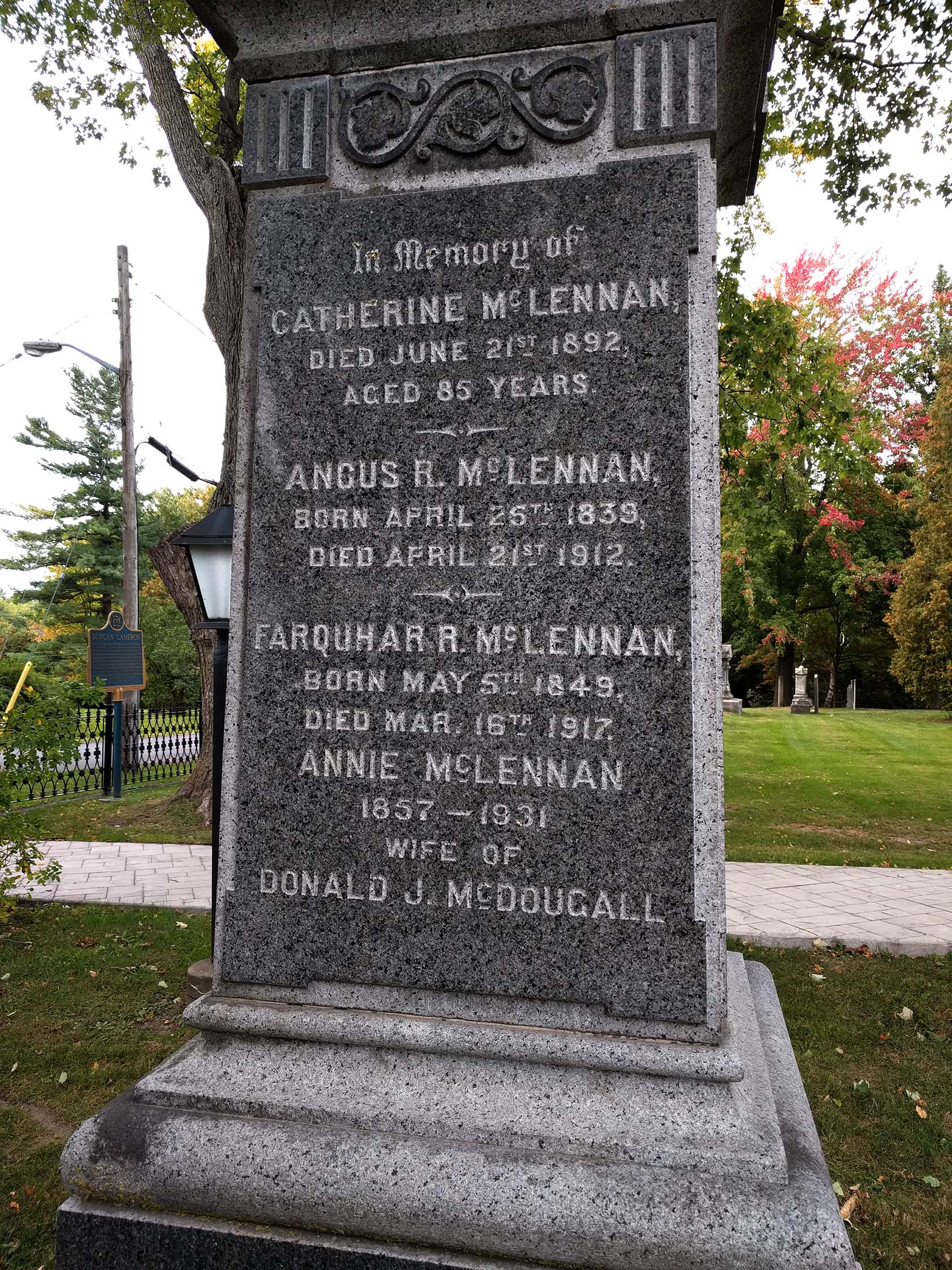 Photo of headstones/Angus R Mclennan d 1912 hdstn Williamstown St Andrews chyd GlengarryON